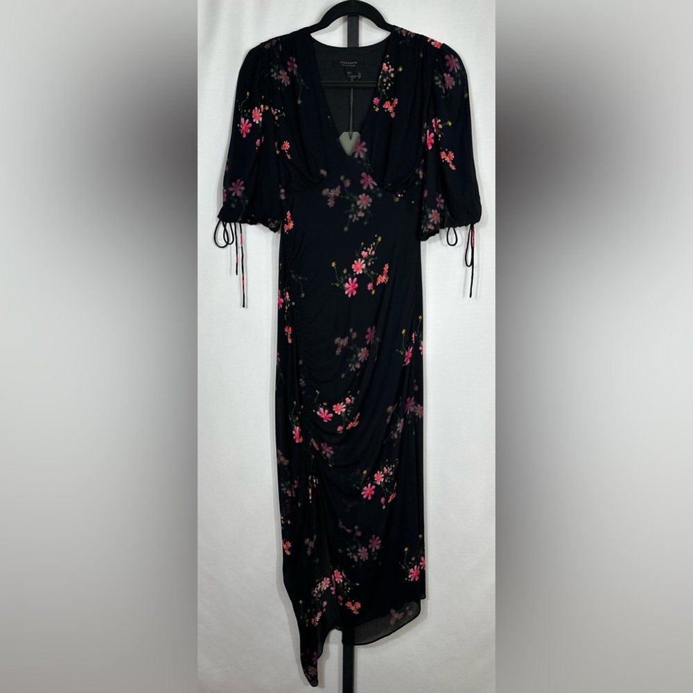 NWT All Saints Safiya Solanio Floral Print V-Neck Ruched Midi Dress US Size 2 - Picture 4 of 12